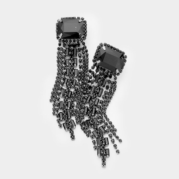 Emerald Cut Jet Black Crystal Fringe Earring-Boutique - Picture 3 of 3